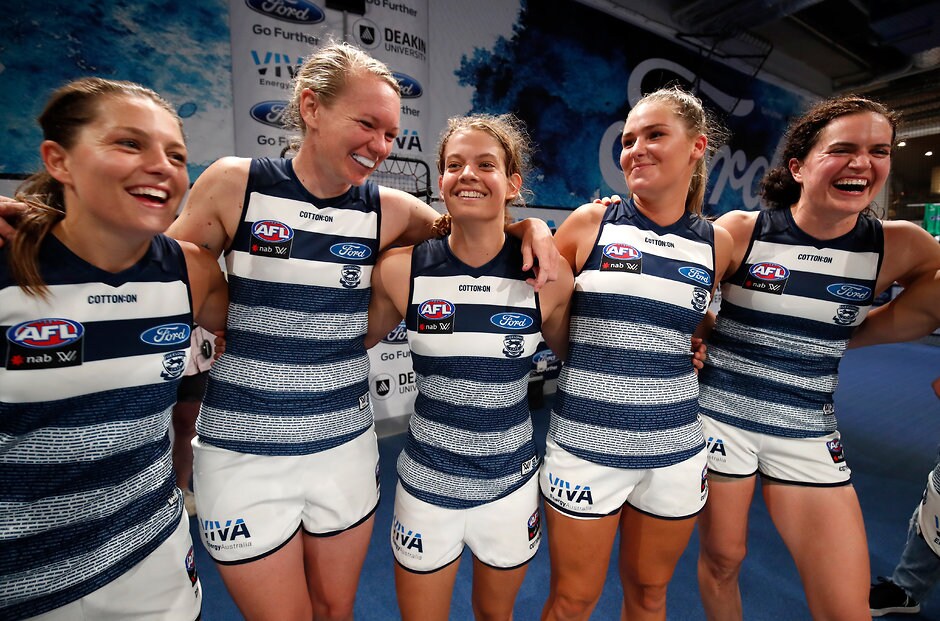 AFLW 2019 Rd 01 - Geelong v Collingwood Danielle Orr, Aasta O'Connor, Nina Morrison, Rebecca Webster and Meghan McDonald celebrate the Cats' round one win - Geelong Cats,Phoebe McWilliams